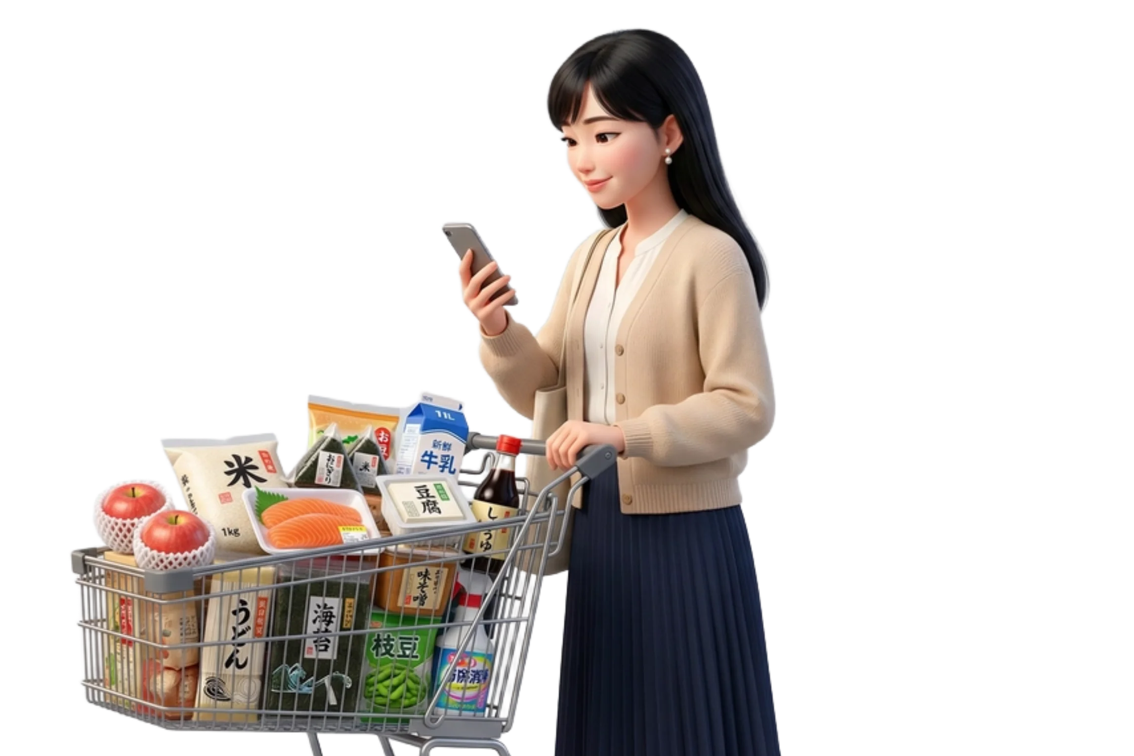 スーパーマーケットでショッピングカートを引いてSpesaZenアプリを使用している女性